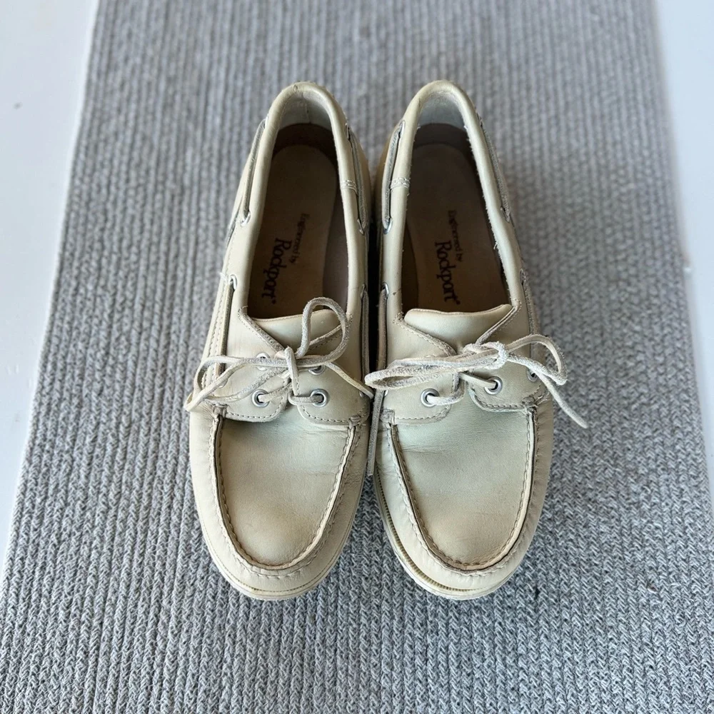 Vintage Rockport Tan Cream Leather Boat Shoes Loafers Size 9.5